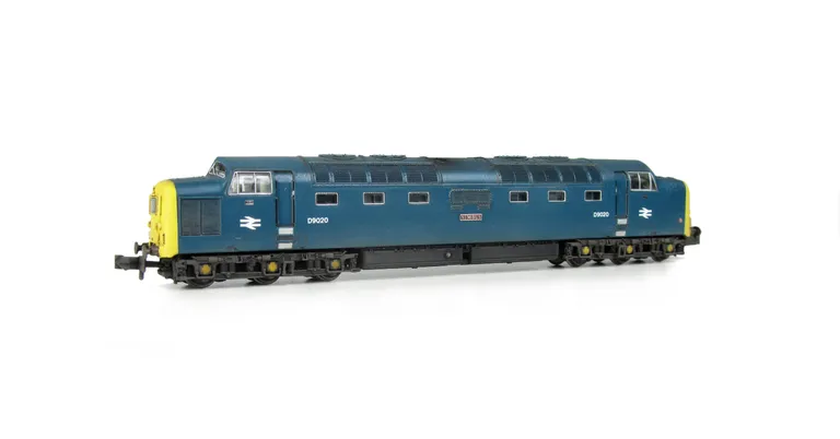 D9020 with full respray into BR blue, semi detailed buffer beam at both ends, bogie modification to reduce gap between body and bogies, etched workplates and nameplates, finer nose end handrails and change of headcode.