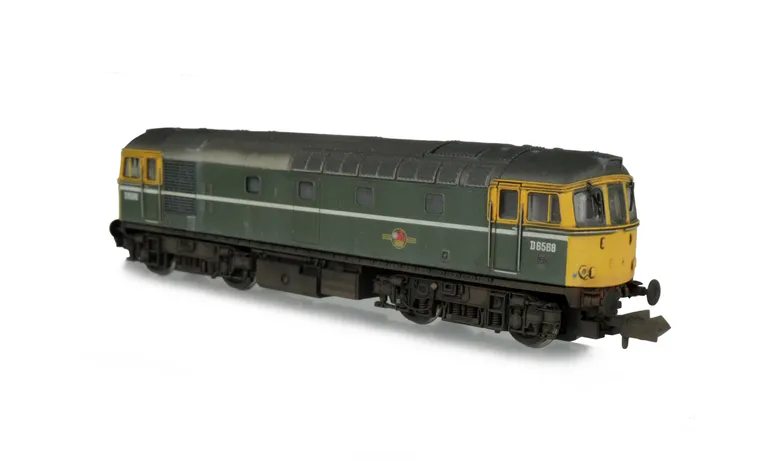 D6568 with added details of: full yellow ends, headcodes changed, renumbered, footsteps above buffers, semi detailed buffer beam at both ends, etched work plates, speedo cable and moulded roof grill replaced with 3D etched fan and grill.