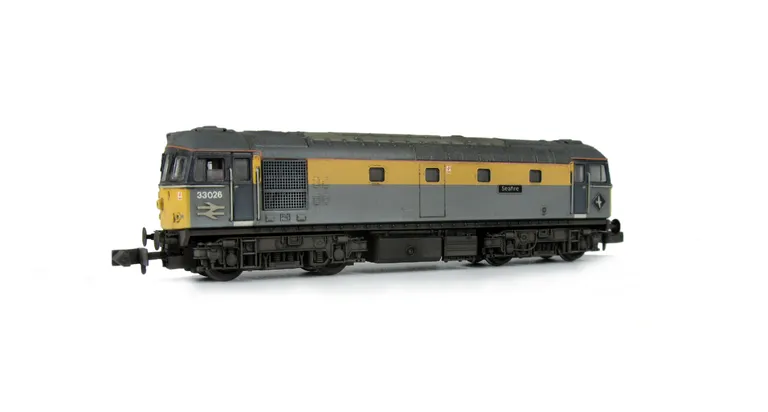33026 with added details of: livery adjusted to prototype, brass buffers, renumbered, footsteps above buffers, etched nameplates and symbols, semi detailed buffer beam, speedo cable and change of headcode blinds.