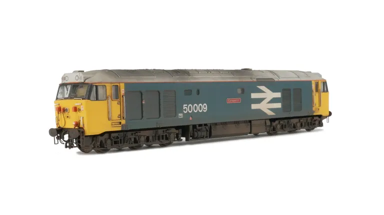 50009 Added details include; renumbered, painted cab interior, driver, mu cables replaced, multiple jumper socket changed to correct type, speedo cable added, etched plates, moulded roof grills replaced with 3D fan and grill, cantrail added, roof respraye