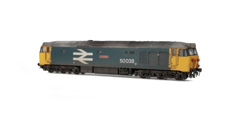 50038  Added details include: painted cab interior, driver, etched nameplates, speedo cable, mu cables replaced, roof repainted to lighter shade of grey,  moulded roof grills replaced with 3D fan and grill and headcodes cleaned up.