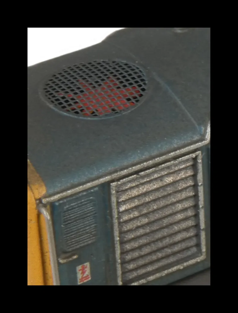 Close up of etched fan and grill.